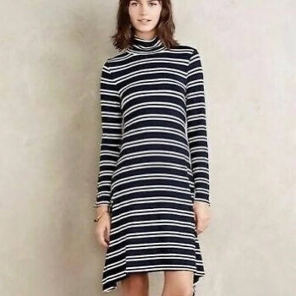 Anthropologie Maeve Navy White Striped Turtleneck Dress